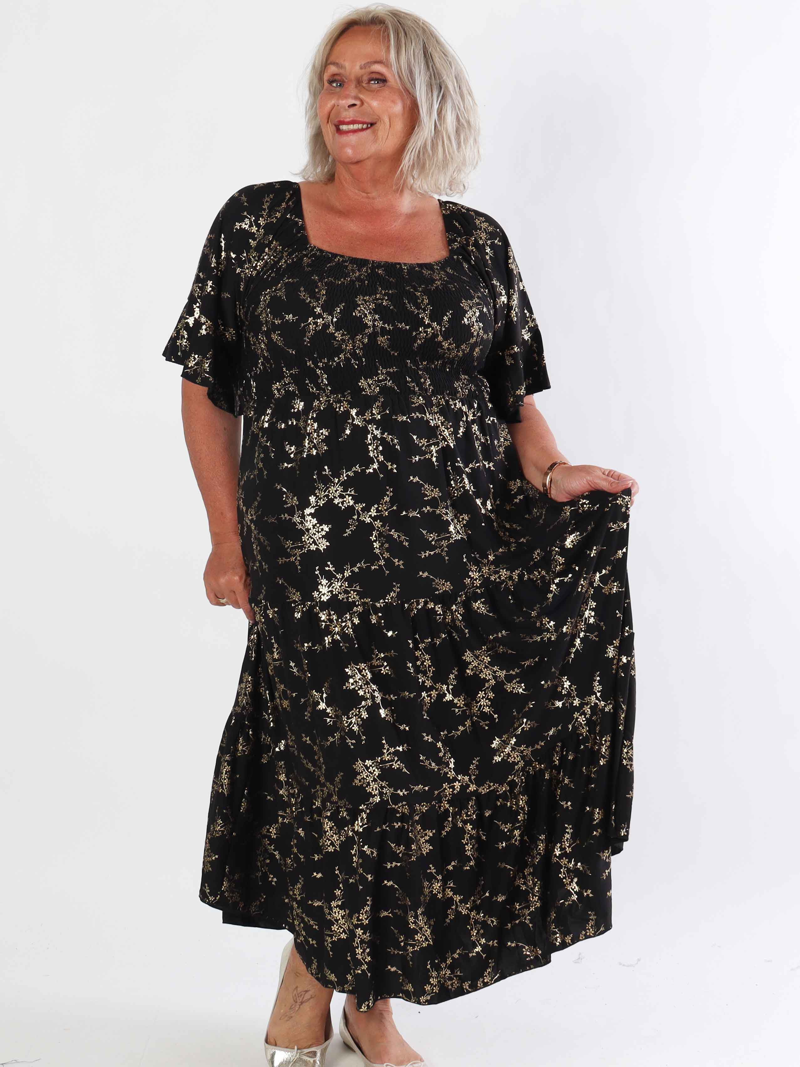 Elna Gold - Enfärgad plus size klänning med resår och guldmönster